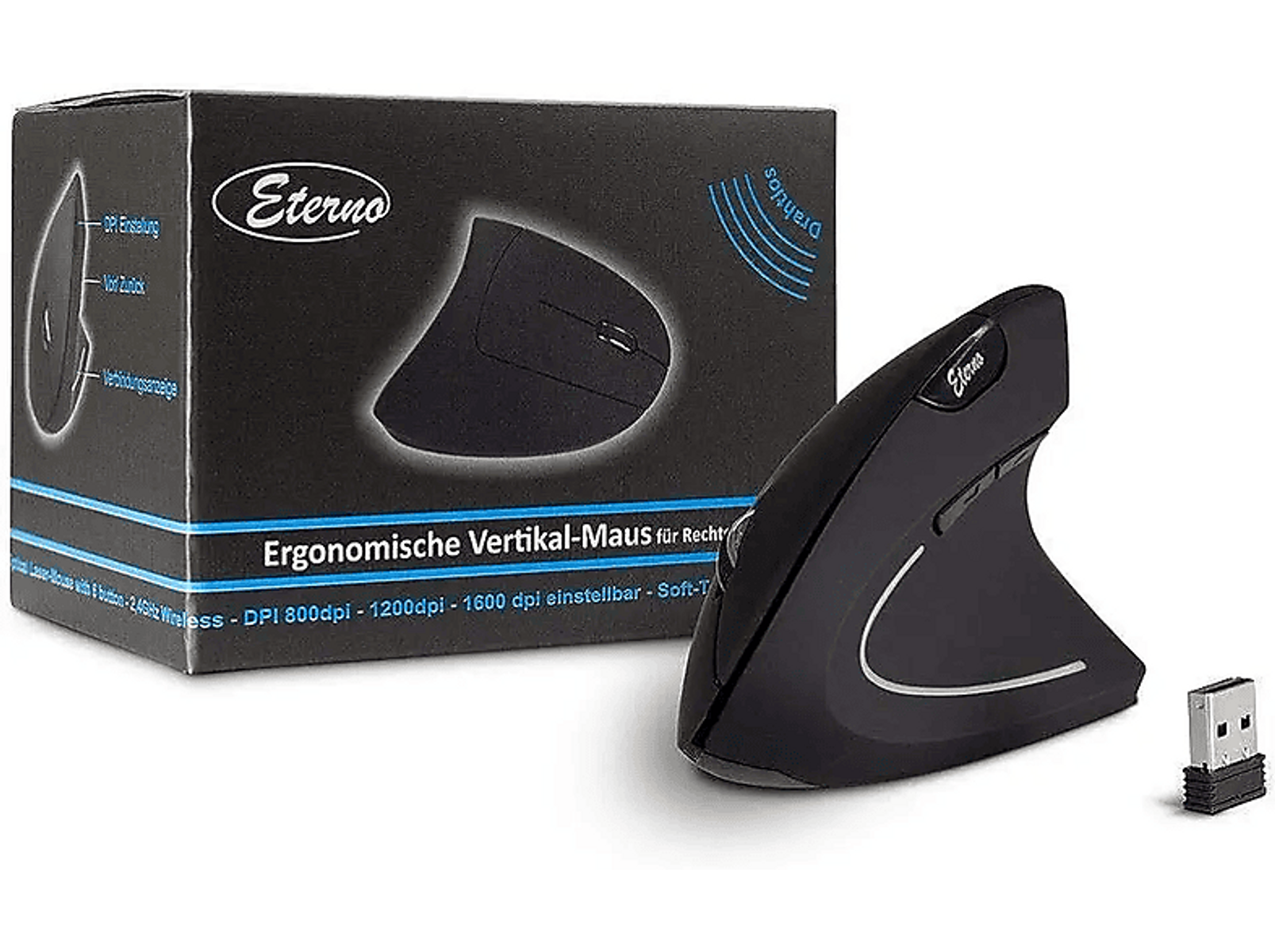 Schwarze, vertikale ergonomische Maus. Box und USB-Empfänger sind ebenfalls sichtbar.