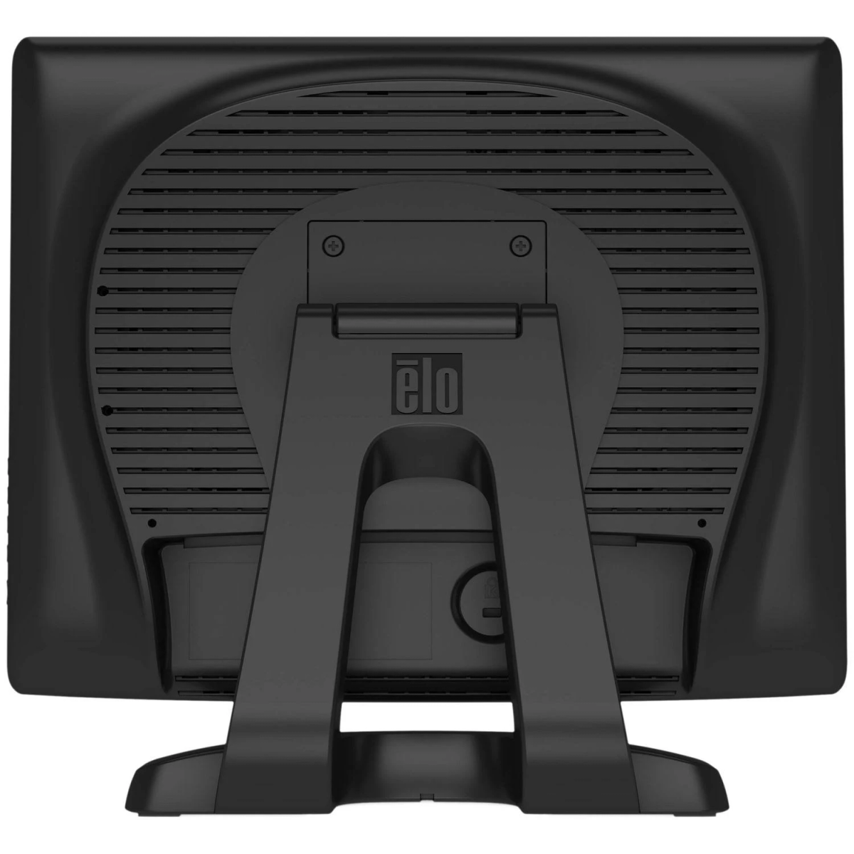 Retro del monitor Elo nero. Con fessure di ventilazione e supporto. Logo Elo visibile.