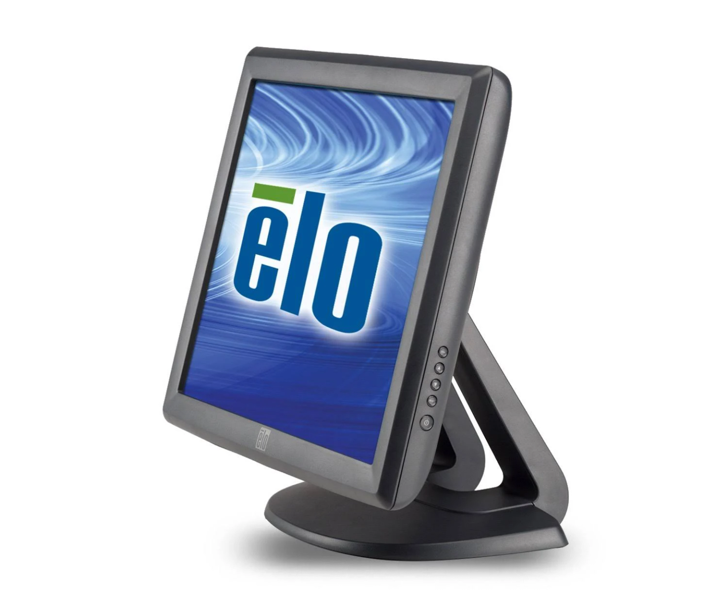 Un monitor con una grafica blu e bianca, su un supporto nero.
