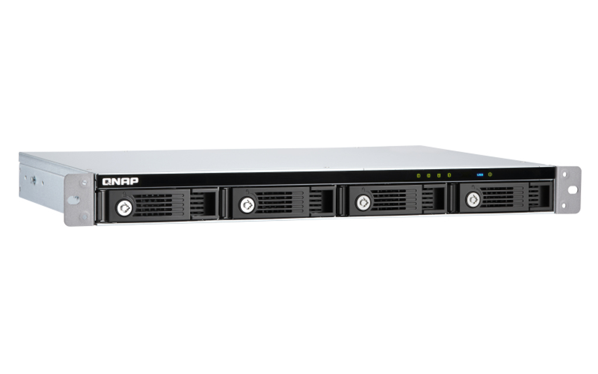 Server NAS QNAP nero con alloggiamenti, spie e pannello superiore argentato.