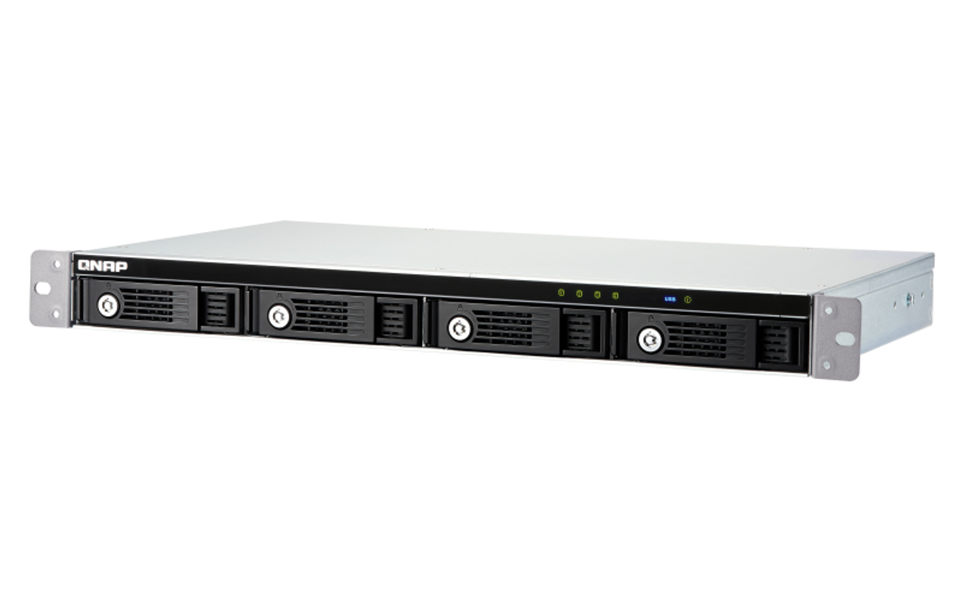 Server NAS QNAP nero con più alloggiamenti, spie e pannello superiore argentato.