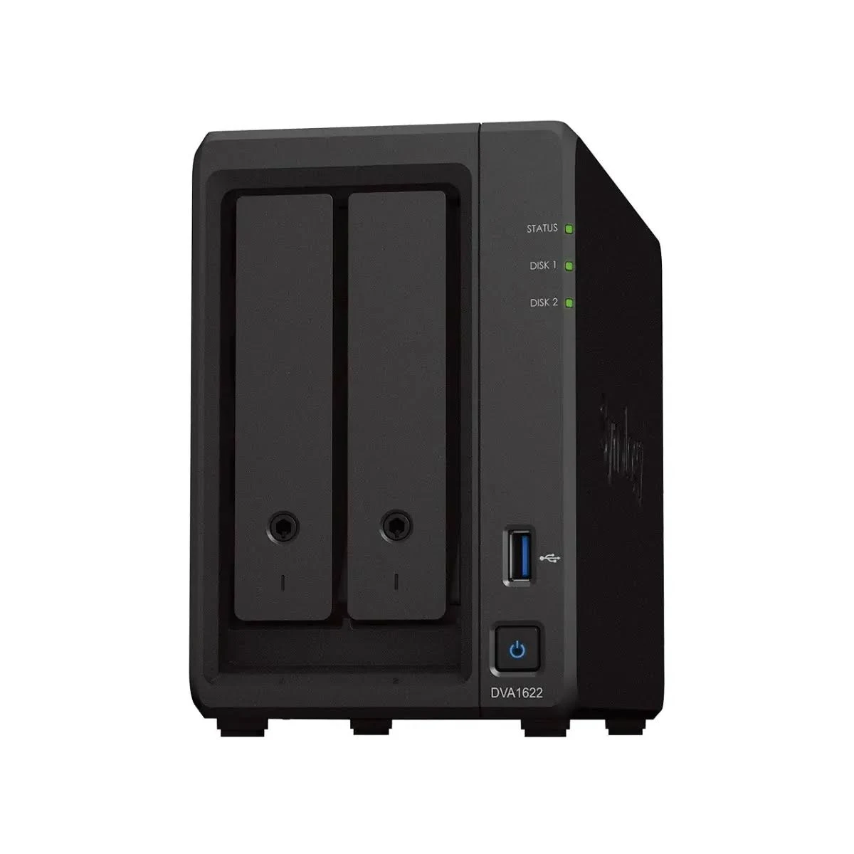 Server NAS nero con due vani, pulsante di accensione e porta USB. DVA1622 è visibile.