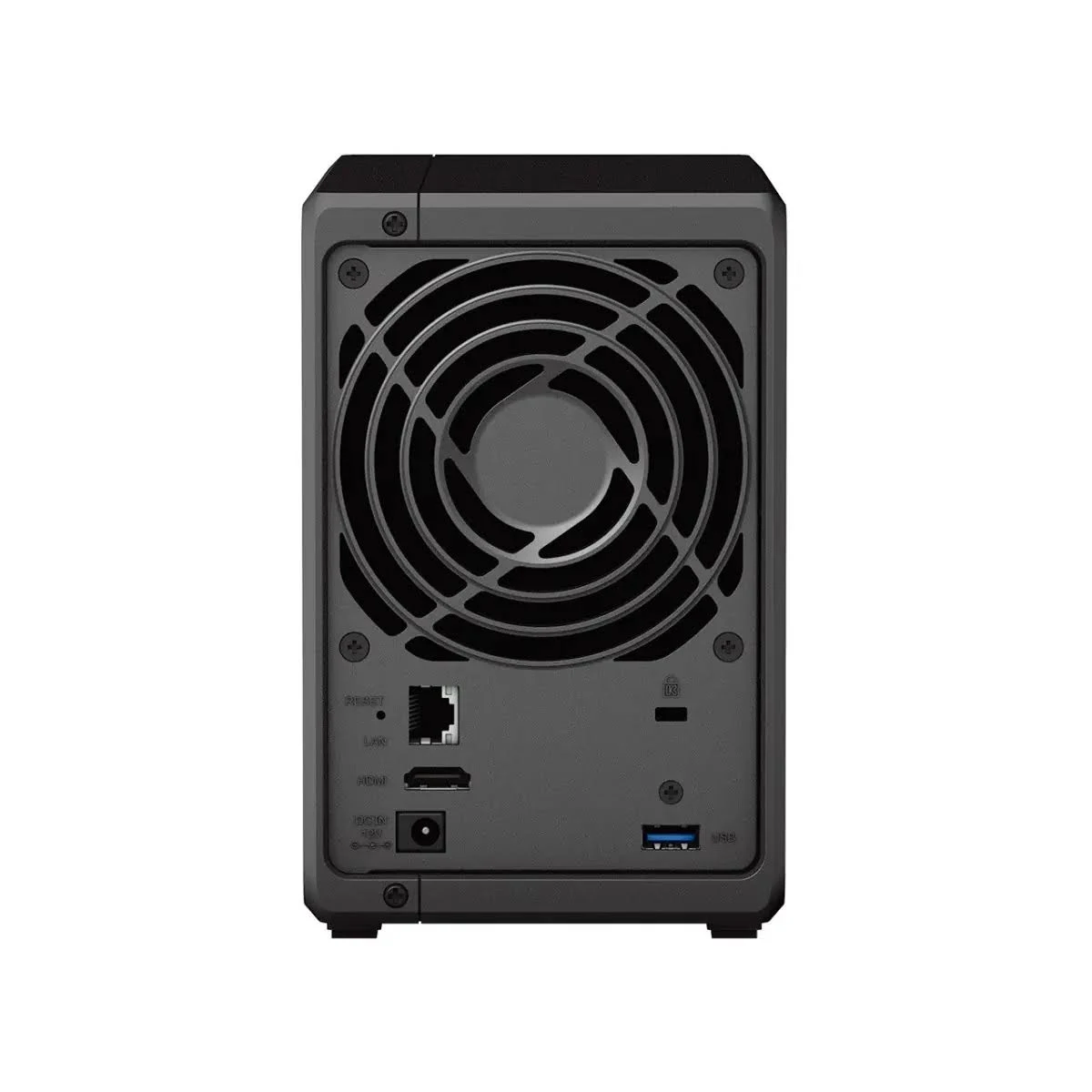 Vista posteriore del server NAS nero. Include ventola, LAN, HDMI, USB e porte di alimentazione.
