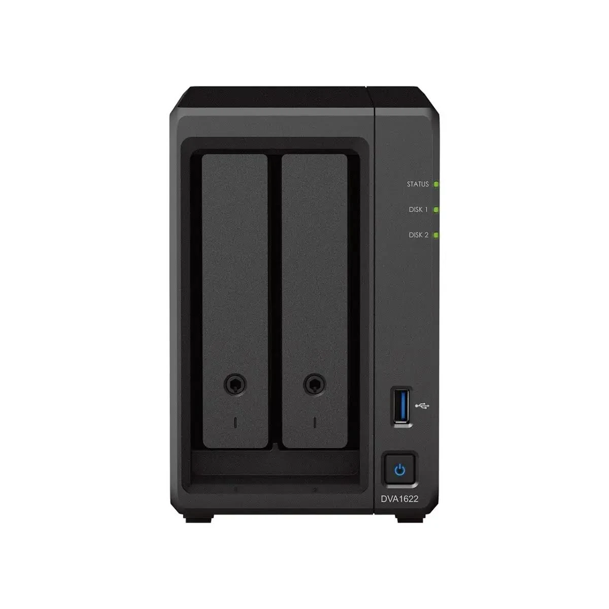 Vista frontale di un server NAS nero con due vani, spie di stato e porta USB. DVA1622.