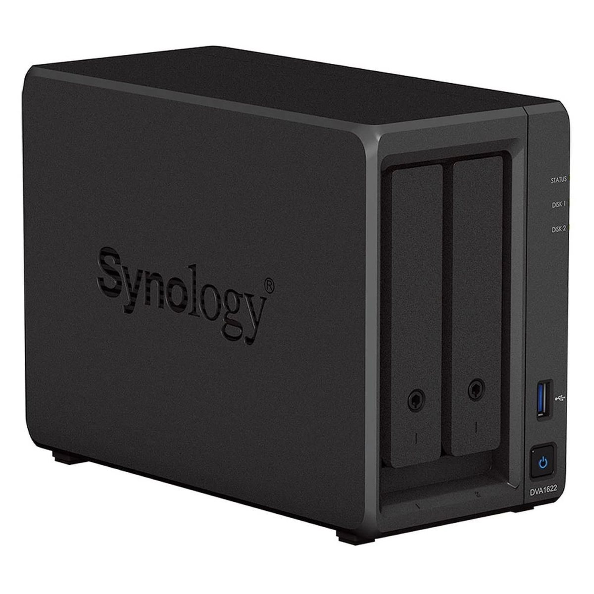 Server NAS Synology nero con due vani e logo Synology. Un pulsante di accensione e una porta USB sono sul davanti.