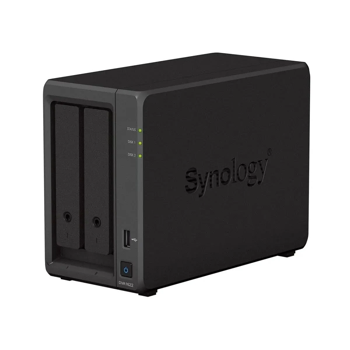 Server NAS Synology nero con due vani. Spie di stato, pulsante di accensione e porta USB sul davanti.