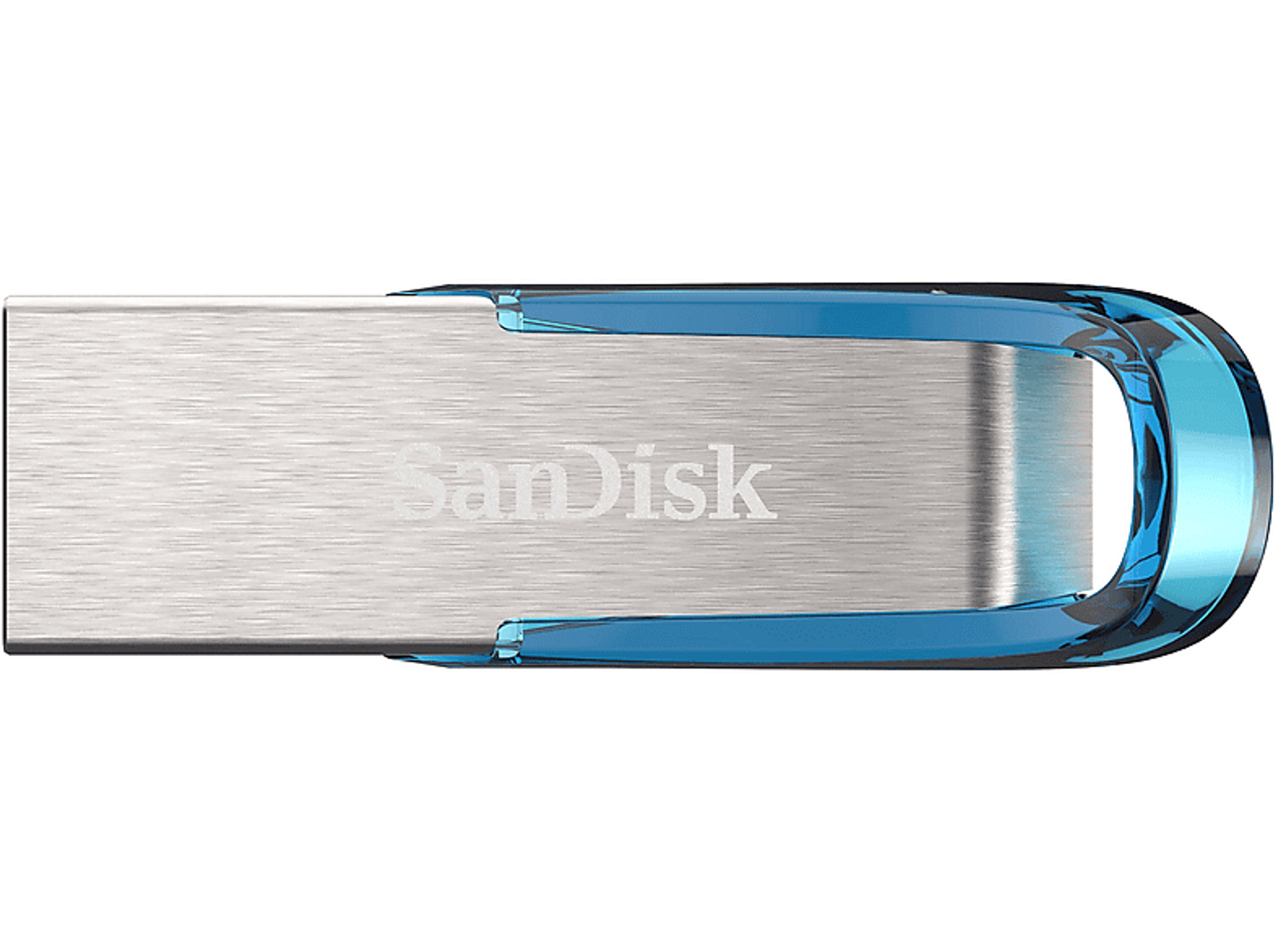 Srebrny pendrive USB z niebieskimi akcentami, pokazujący logo Sandisk na białym tle.