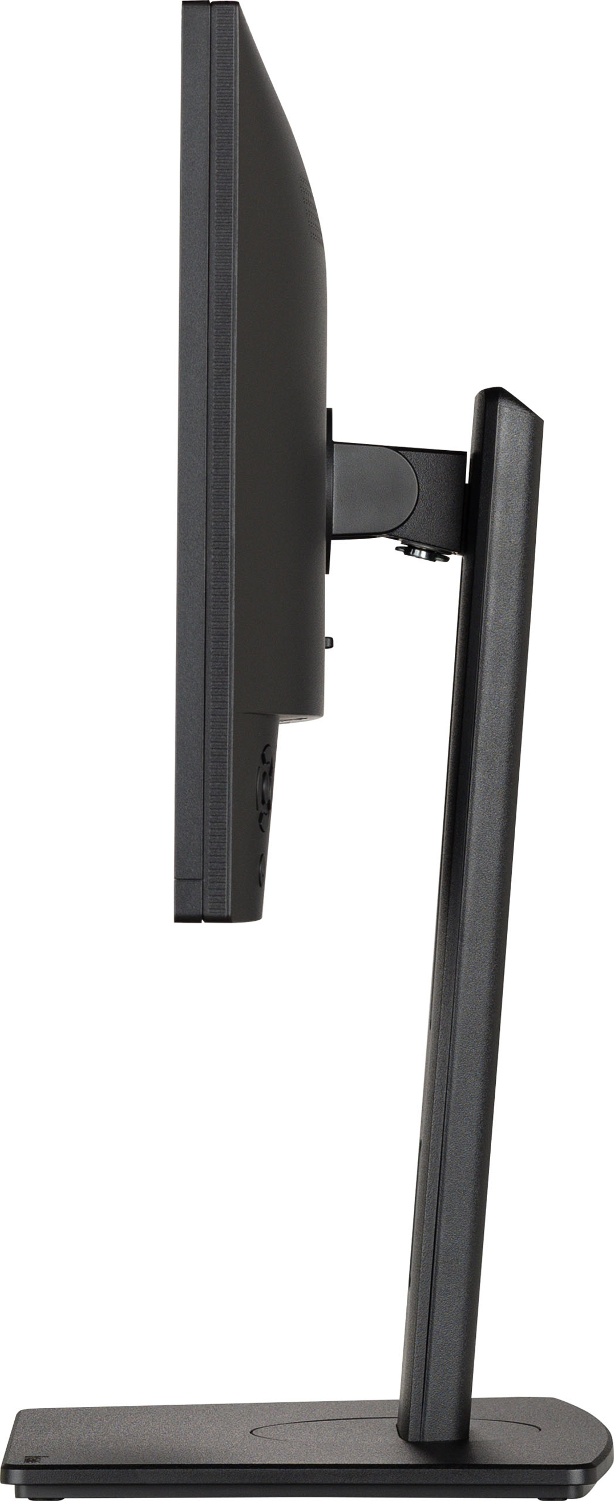 Una vista laterale di un monitor per computer nero su un supporto, sfondo bianco.