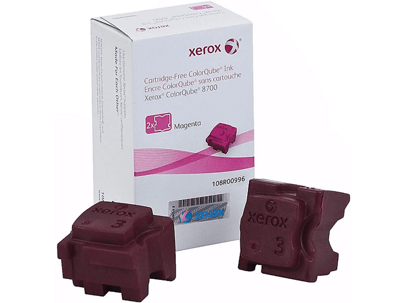 Xerox Magenta-Tintenpatronen. Weißer Karton mit Tintenpatronen.