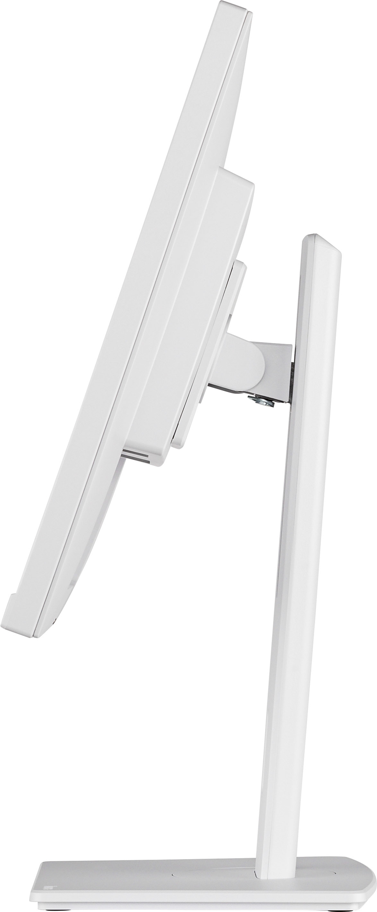 Monitor de computadora blanco, en ángulo, que muestra el perfil lateral con un soporte.