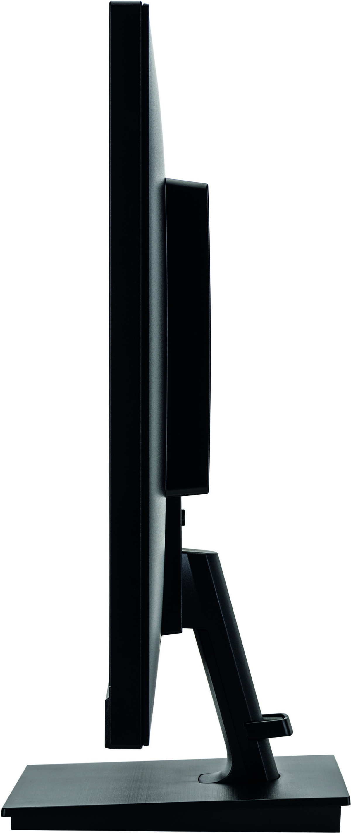 Ein schwarzer Computermonitor von der Seite. Schwarzer Ständer und Sockel. Weißer Hintergrund.