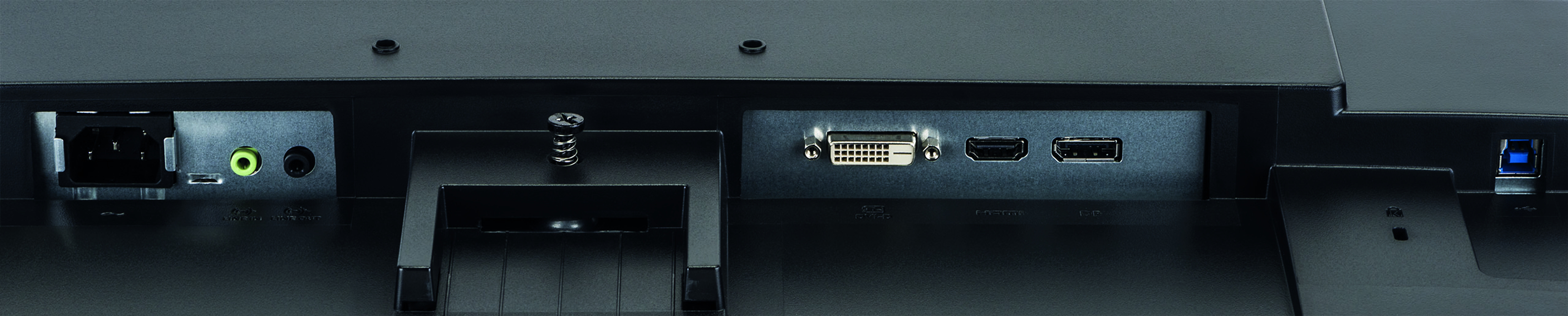 Rückwand eines Monitors mit verschiedenen Anschlüssen: Strom, Audio, DVI, HDMI, USB. Schwarz.