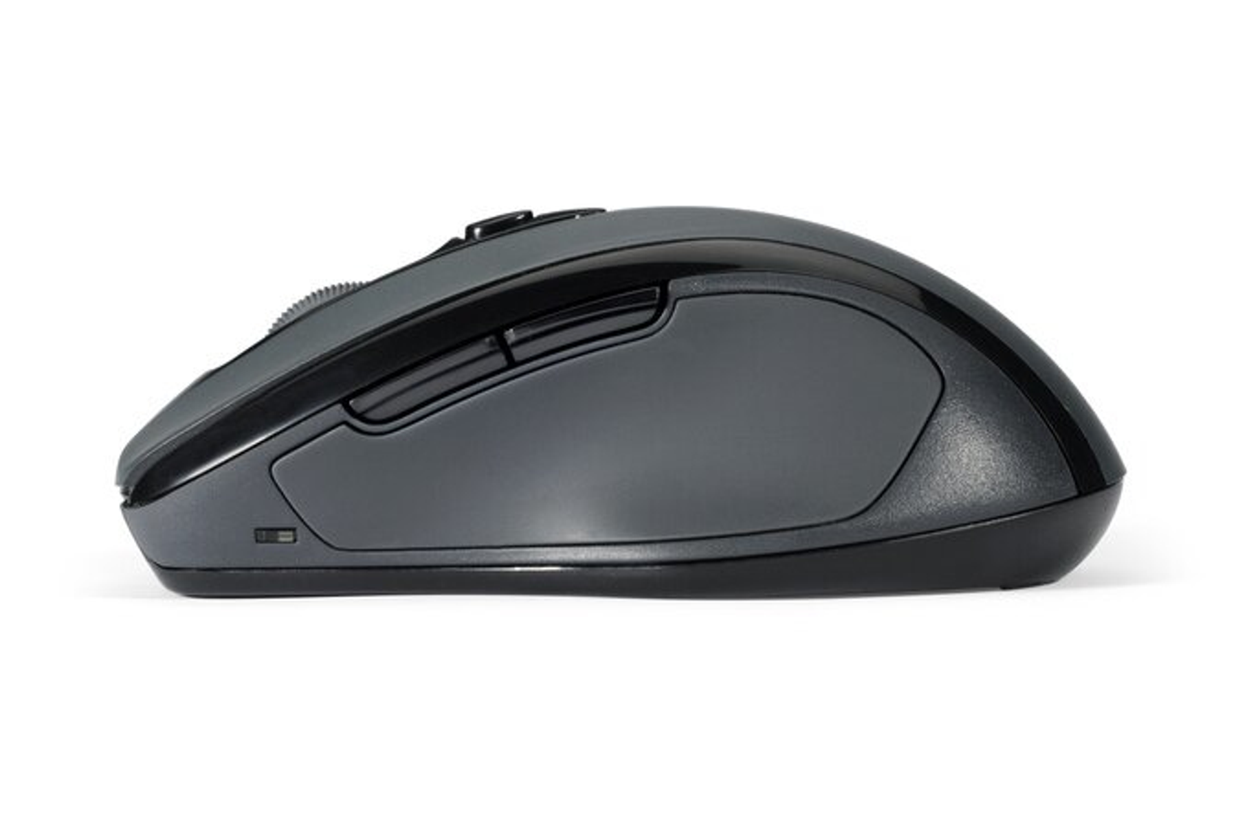 Draadloze muis, donkergrijs, zijaanzicht. Heeft een scrollwiel en knoppen.
