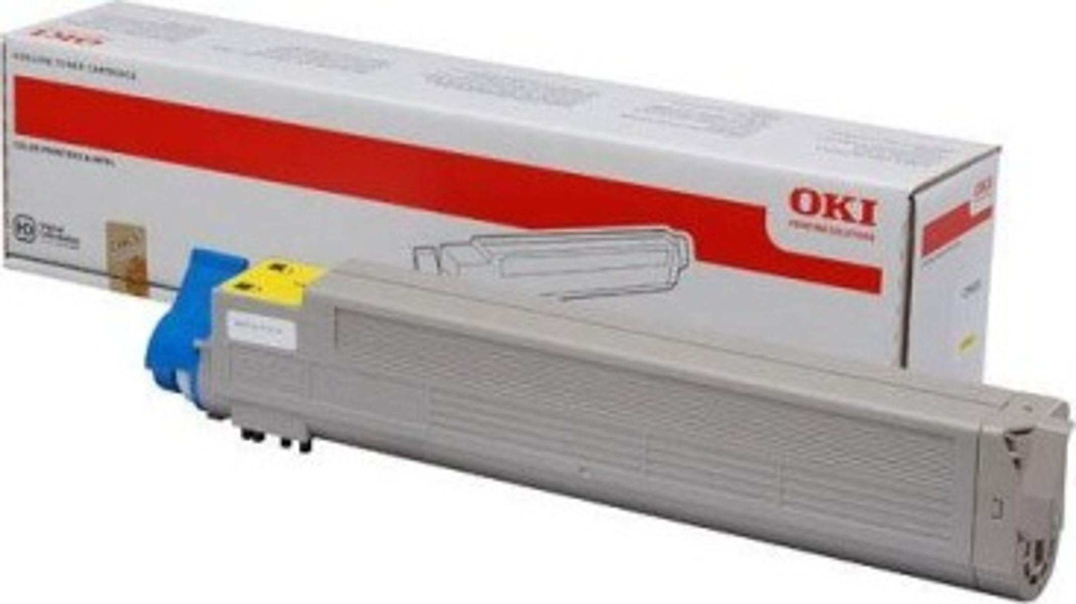 Szary wkład z tonerem z niebieskimi i żółtymi detalami. Pudełko w tle.