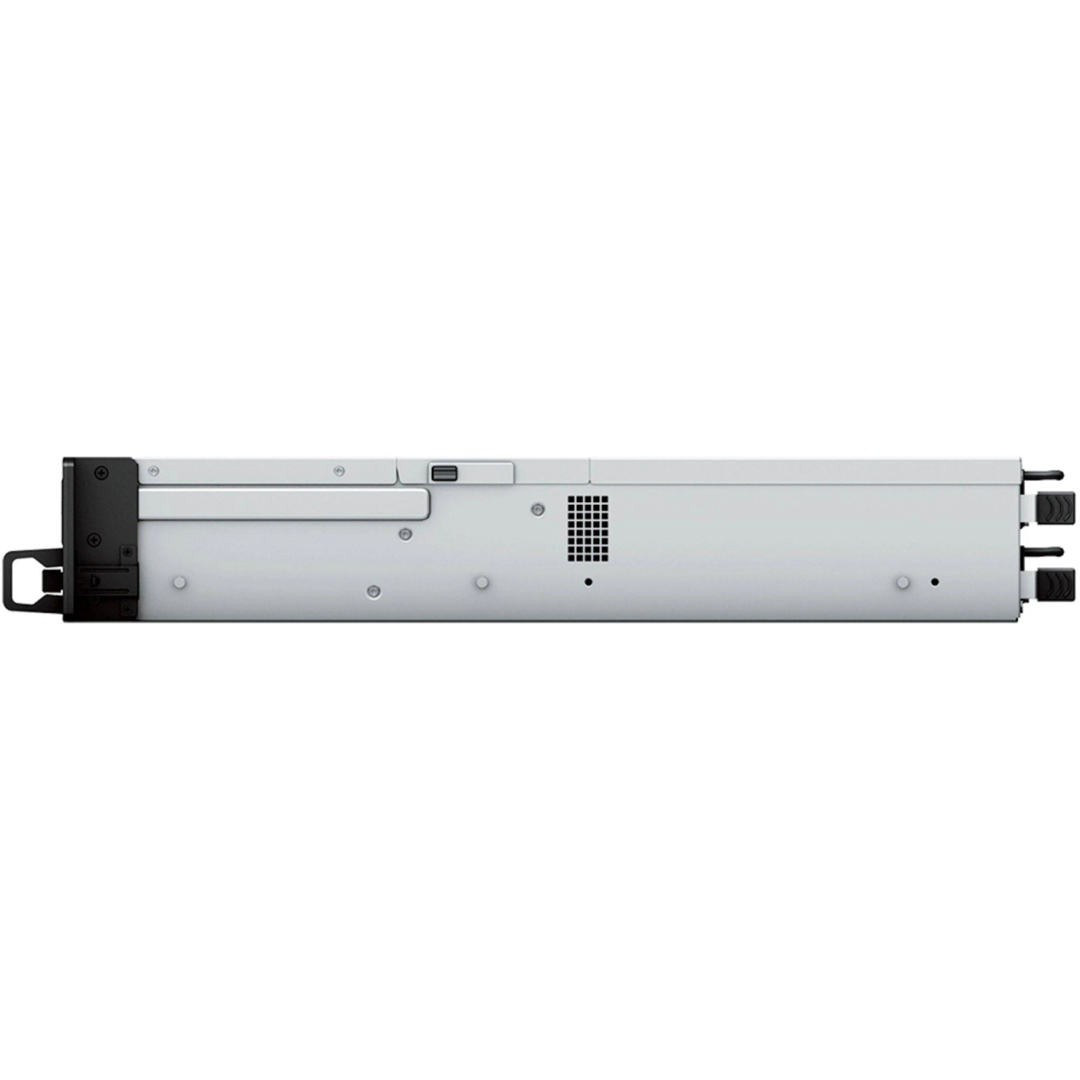 Vue latérale d'un serveur NAS. Il a un panneau latéral blanc et des trous de ventilation.