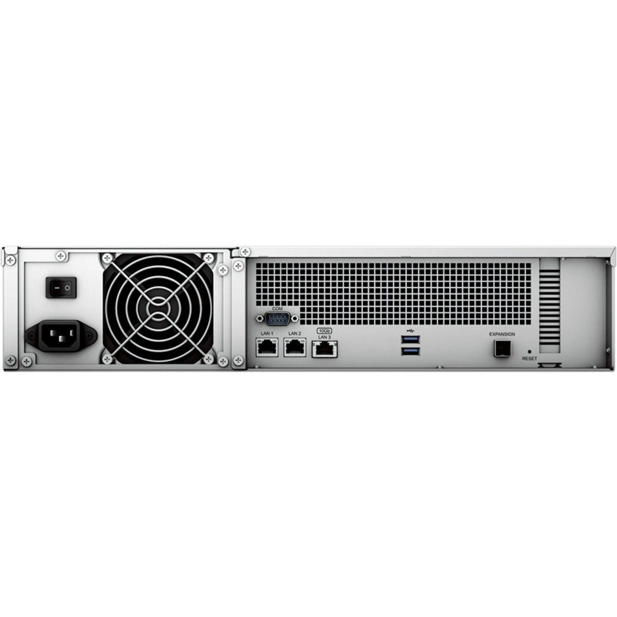 Vue arrière d'un serveur NAS. Il dispose d'un bouton d'alimentation, d'un ventilateur, de ports et d'autres connexions.