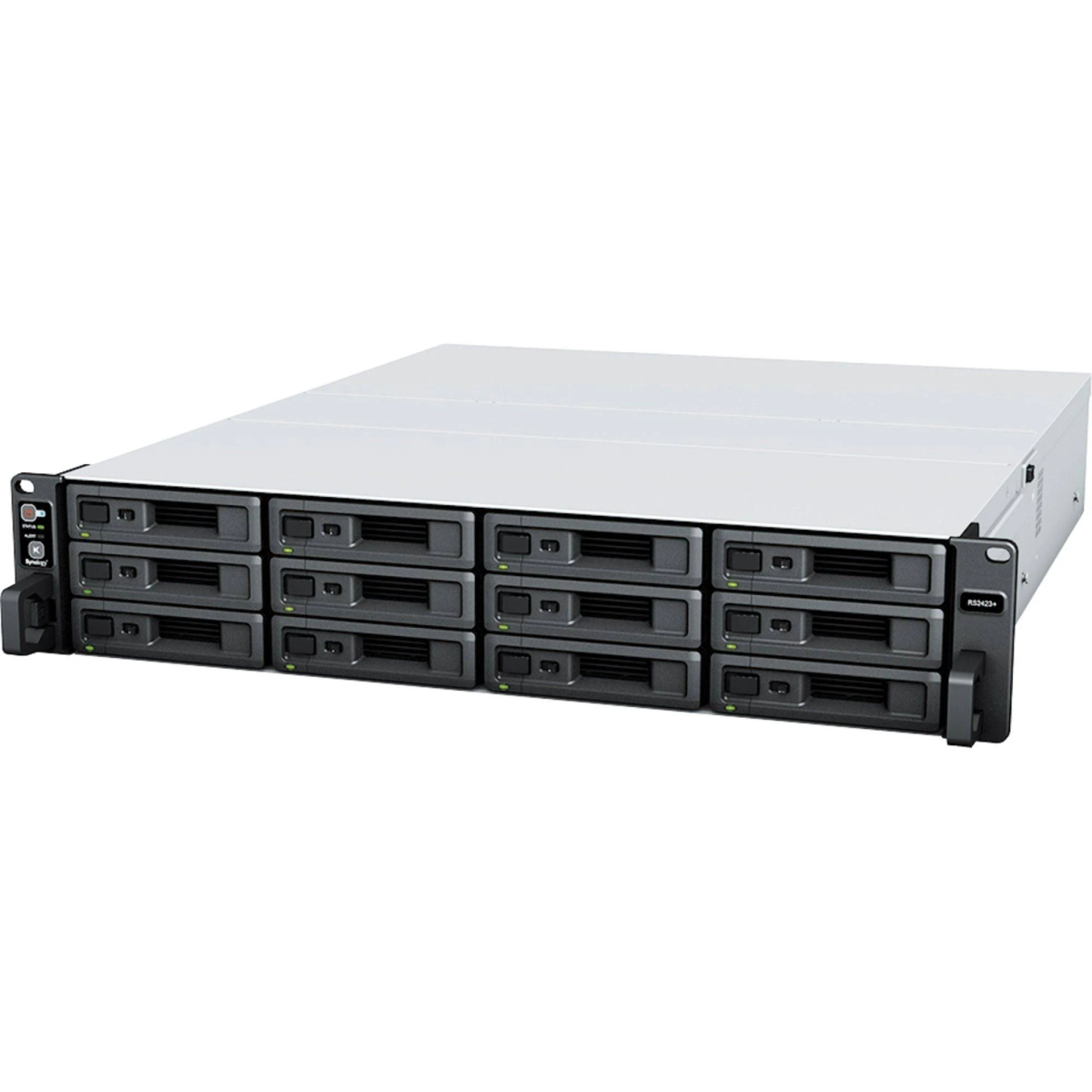 NAS-Server mit mehreren Laufwerksschächten, schwarzer Front, weißer Oberseite und einem Logo.