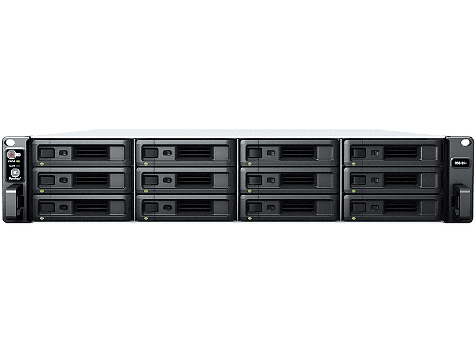 Serveur NAS avec baies. Façade noire, dessus blanc. Fond noir avec logo et détails latéraux.