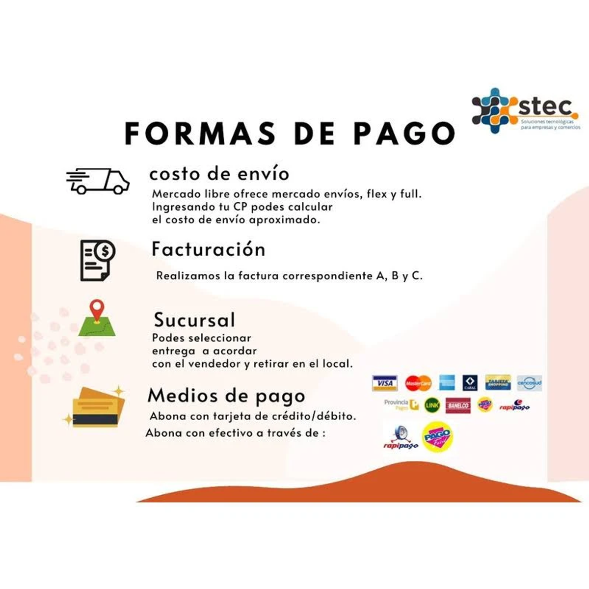 Infografika o metodach płatności. Zawiera ikony i tekst opisujący opcje wysyłki i płatności.