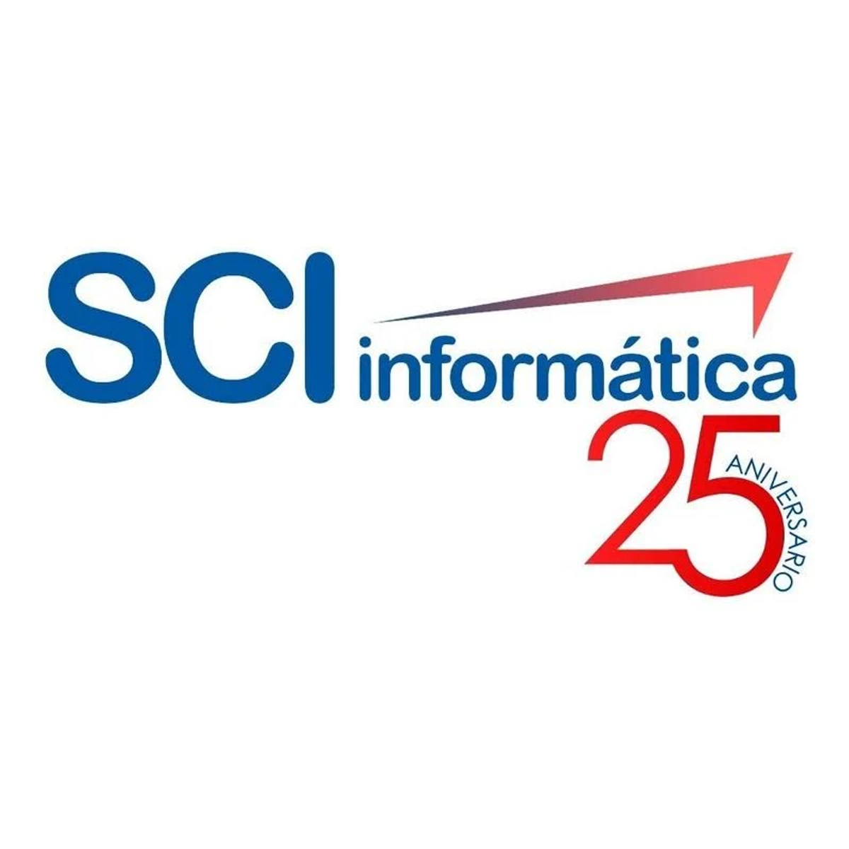 Logo SCI informatica: niebieskie litery, czerwona strzałka, czerwone '25' z 'ANIVERSARIO'.
