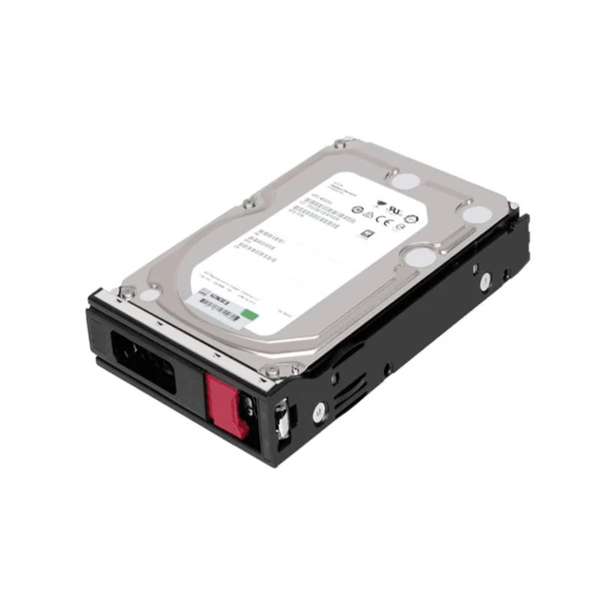 Dysk twardy, srebrny i czarny, pokazujący górę dysku i czerwone złącze.