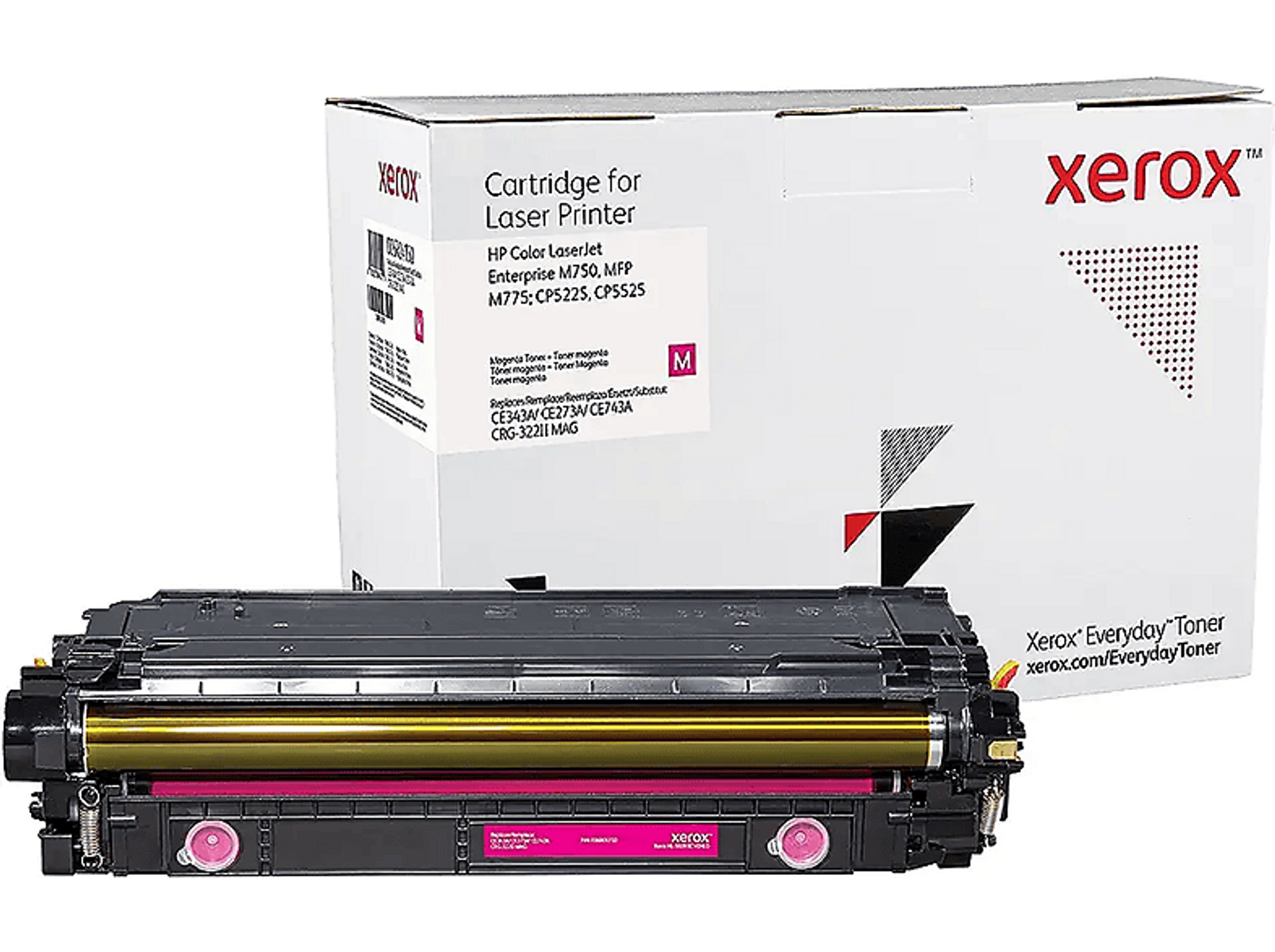 Pudełko i wkład do drukarki Xerox. Różowy wkład, białe pudełko z tekstem.