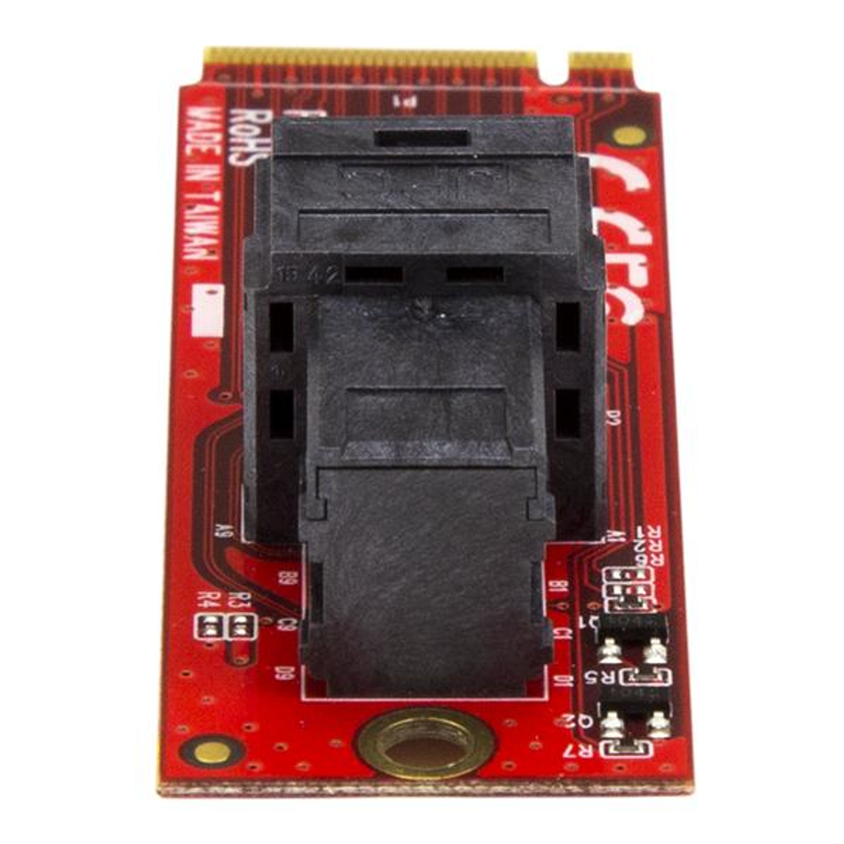 Rote und goldfarbene Leiterplatte mit schwarzem Stecker und Komponenten; Text "MADE IN TAIWAN".