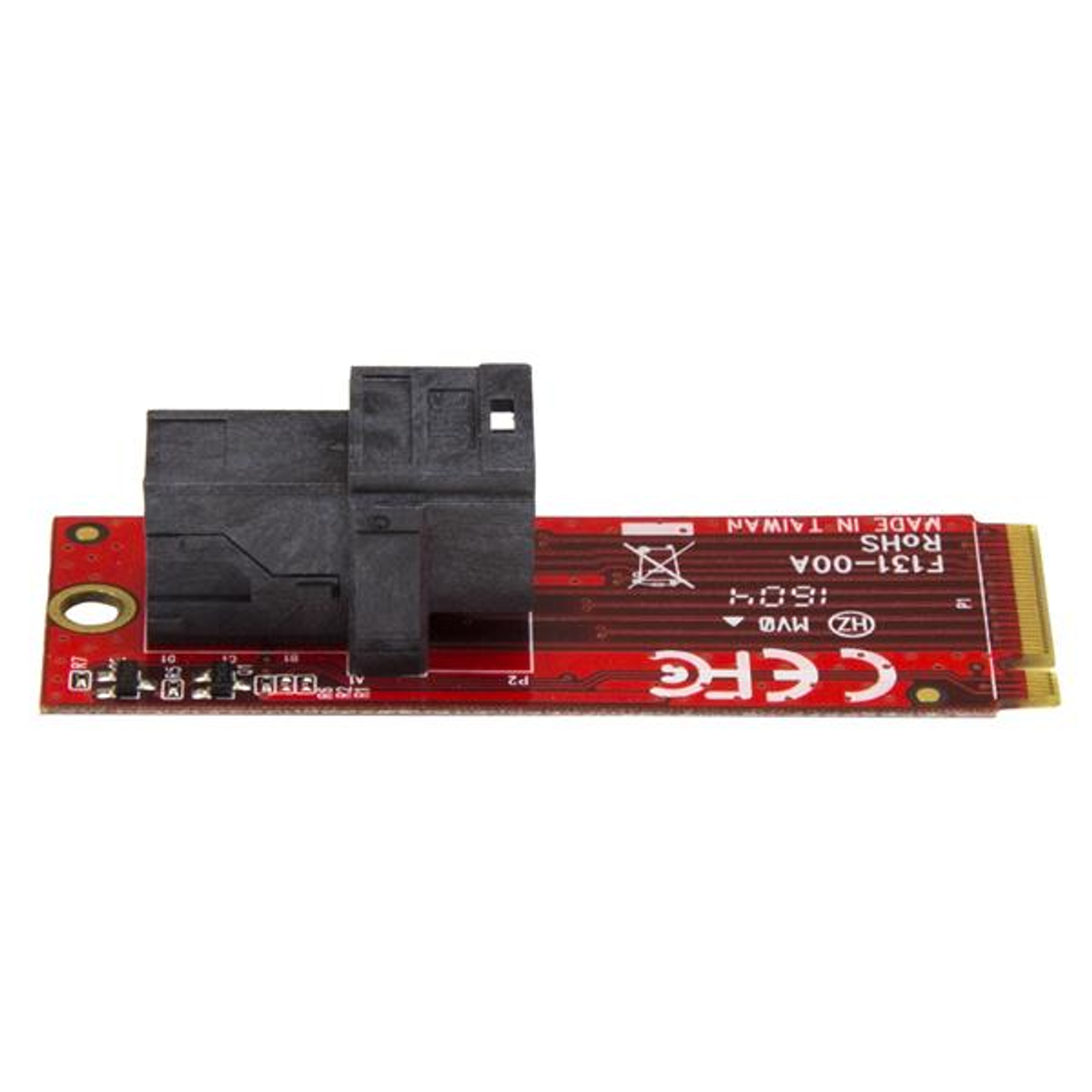 Eine rote und schwarze Leiterplatte mit einem Stecker und Text.