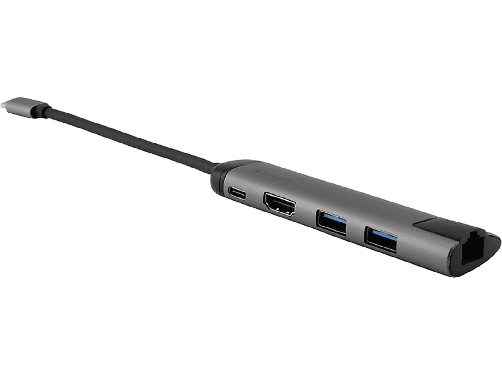 Grauer USB-C-Hub mit mehreren Anschlüssen, darunter HDMI, USB und ein Ethernet-Anschluss.