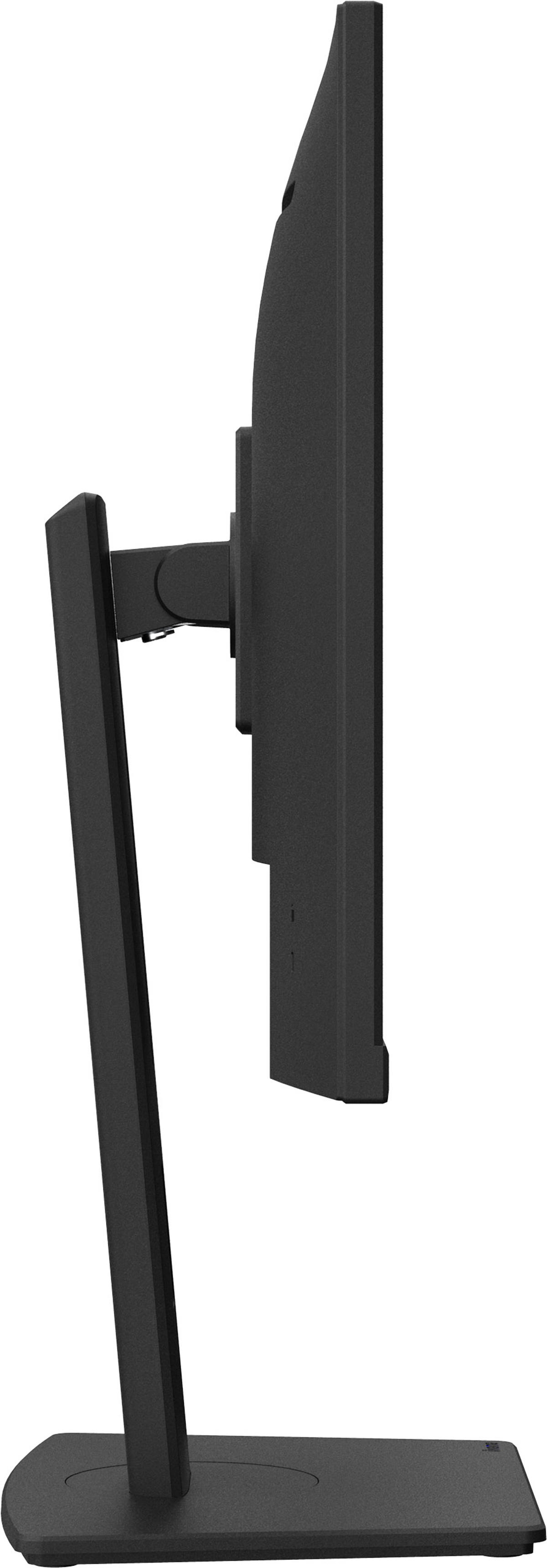 Czarny monitor komputera stoi pionowo na stojaku. Ekran jest ciemny, widok z boku.