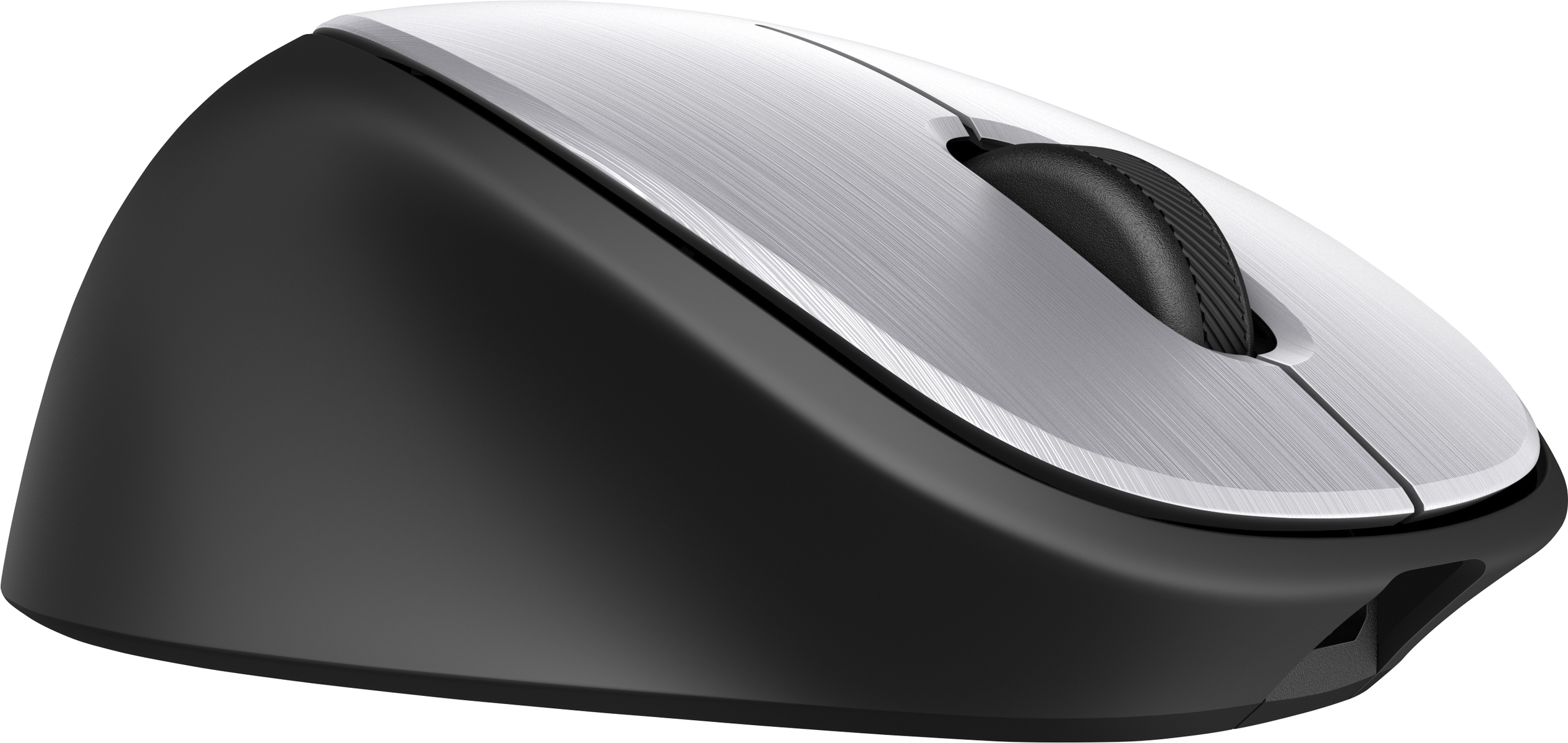 Mouse per computer nero e argento, vista laterale.