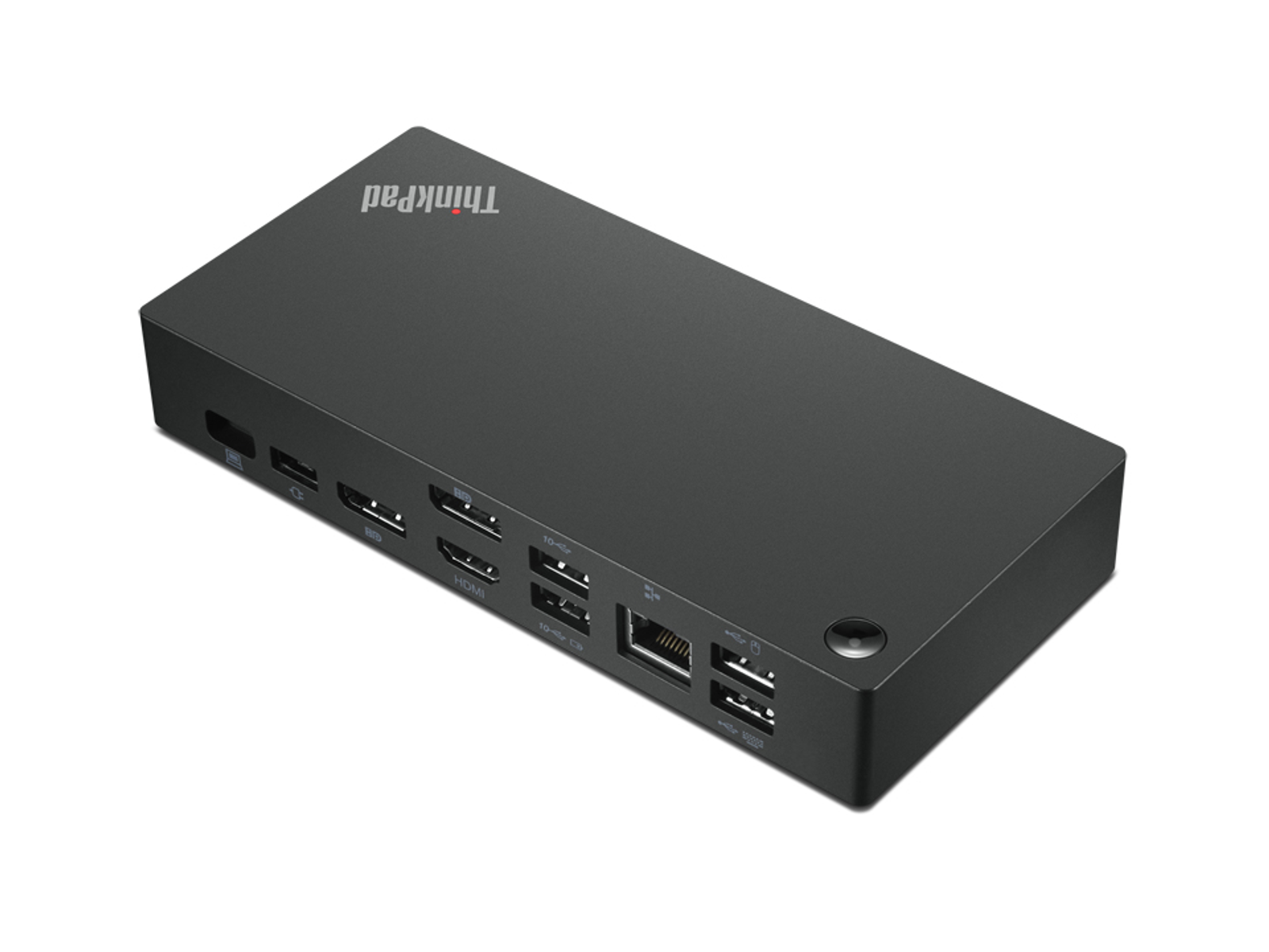 Ein schwarzes ThinkPad-Dock mit verschiedenen Anschlüssen. Es ist rechteckig, weißer Hintergrund.