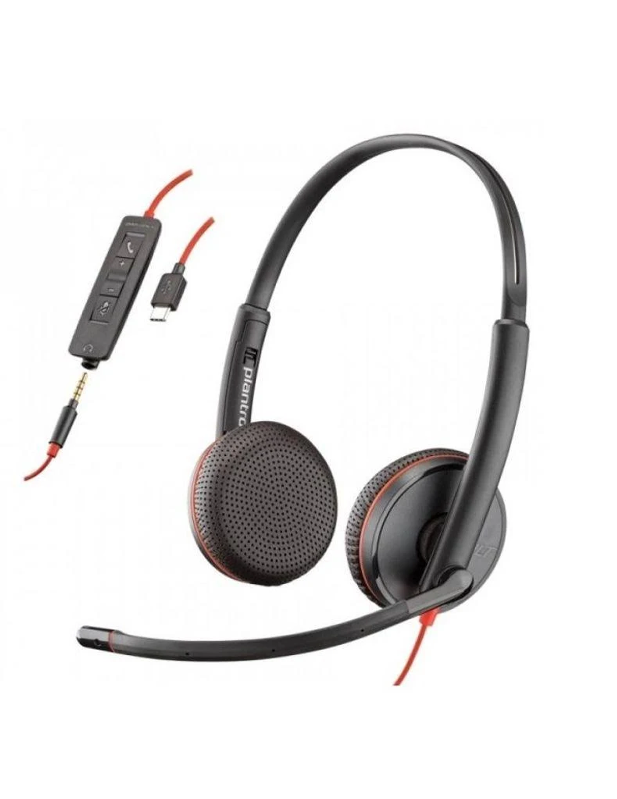 Zwarte en rode Plantronics headset met microfoon en inline bediening. Witte achtergrond.