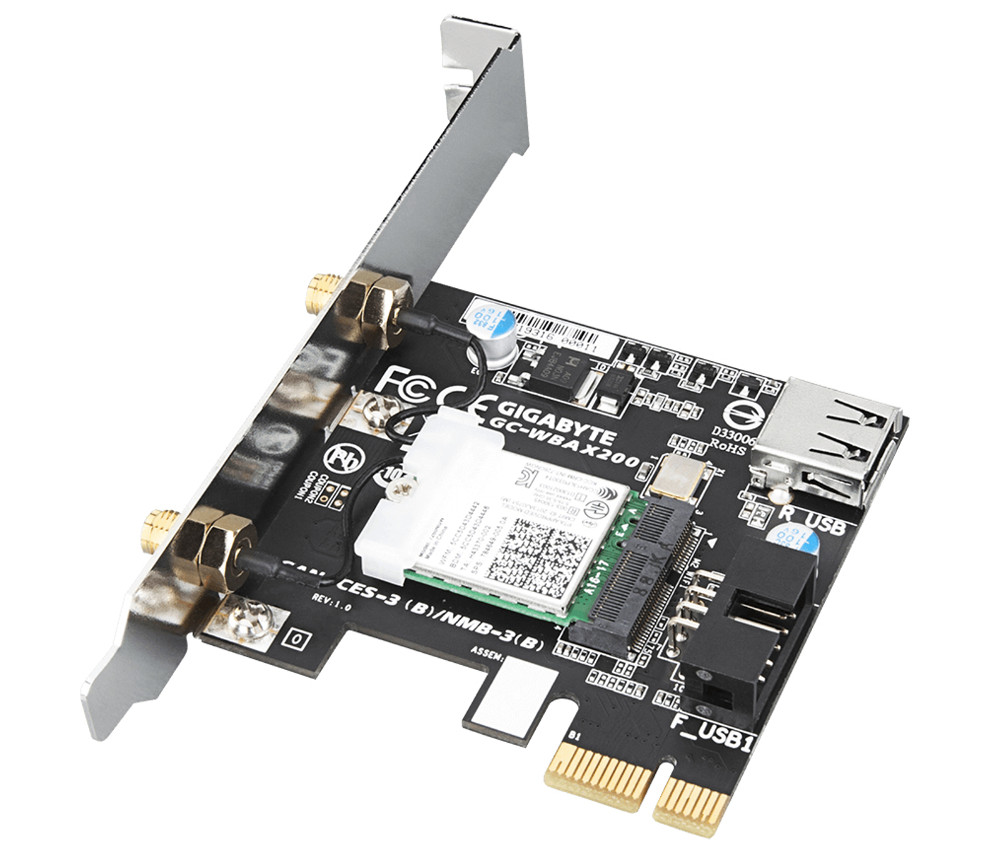 Computerkomponente, schwarz und gold mit Antennen und USB-Anschluss.