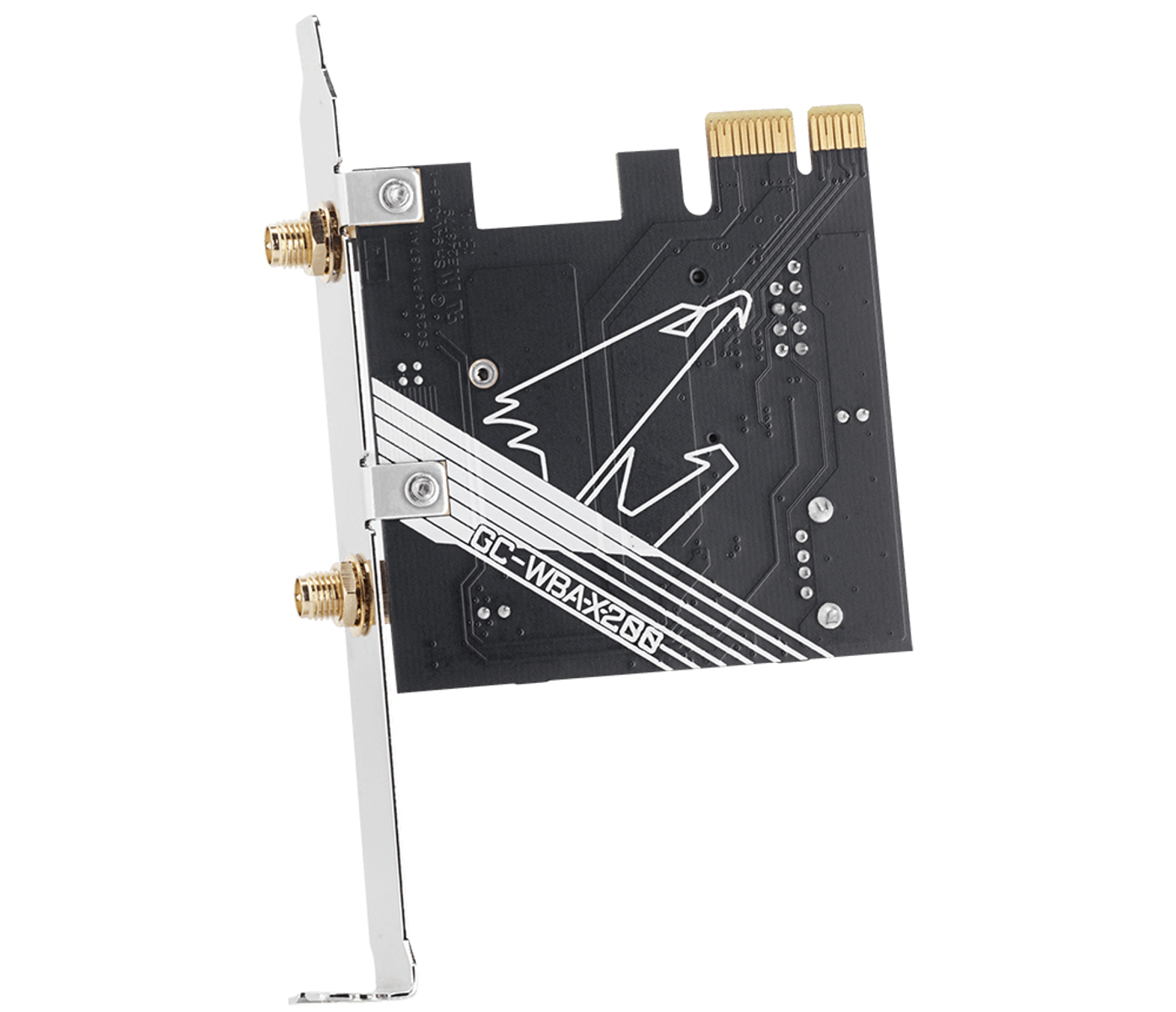 Eine schwarz-silberne Computernetzwerkkarte mit zwei goldenen Anschlüssen. Weißer Hintergrund.