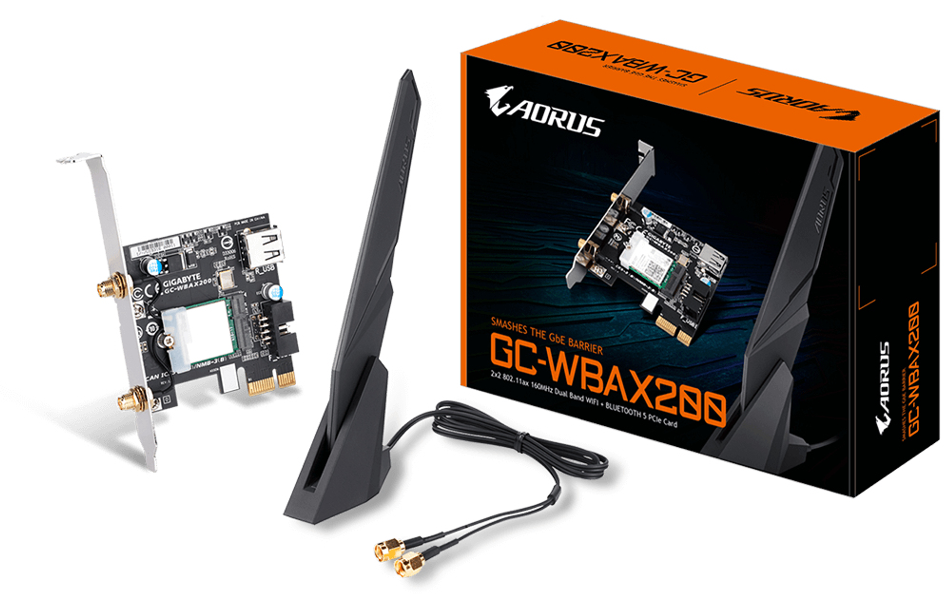 AORUS GC-WBAX200 Wi-Fi-Karte mit Antenne und Box. Schwarz und orange Farben.