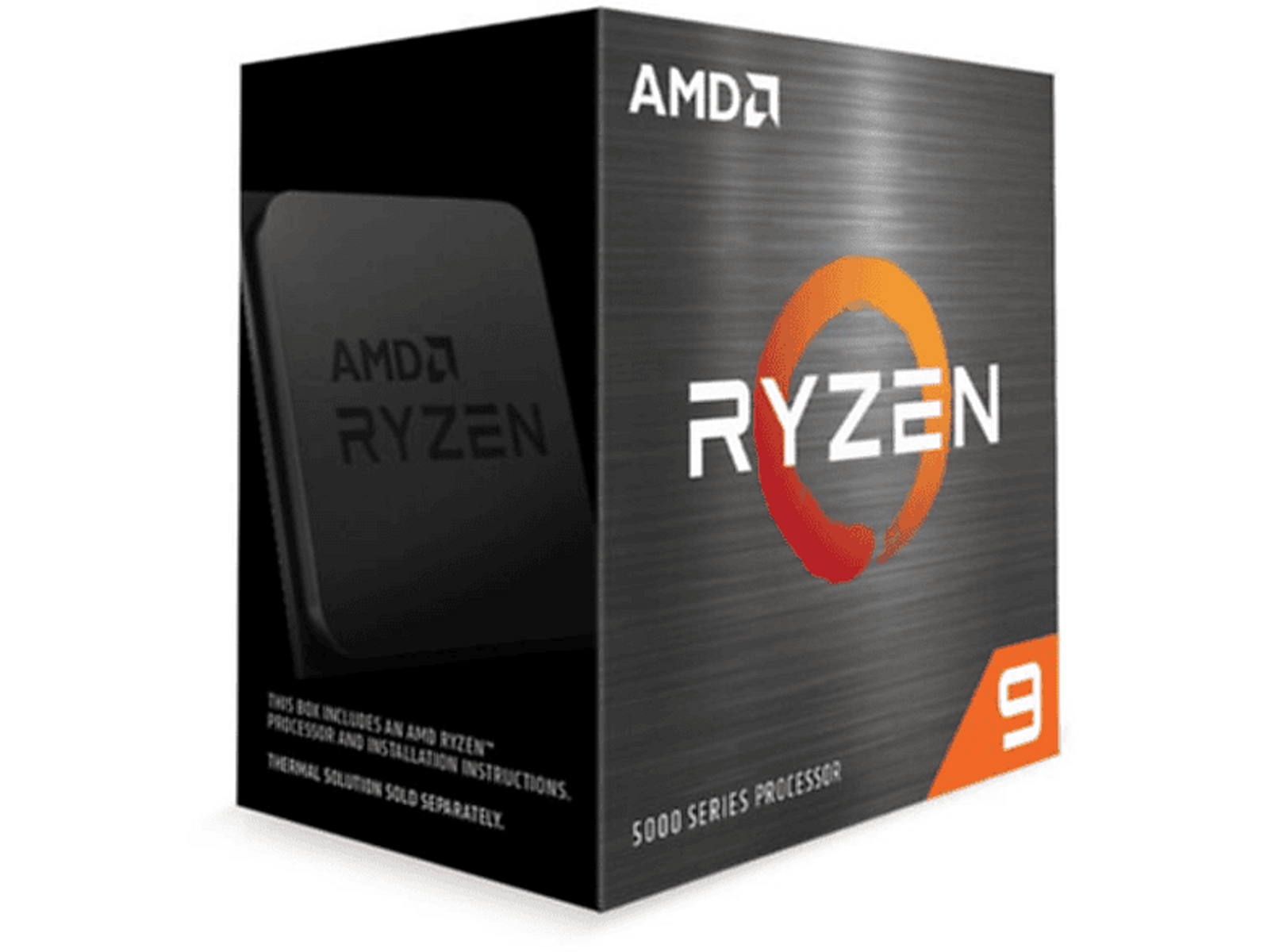 Pudełko procesora AMD Ryzen 9 z logo Ryzen i 9 na ciemnoszarym tle.