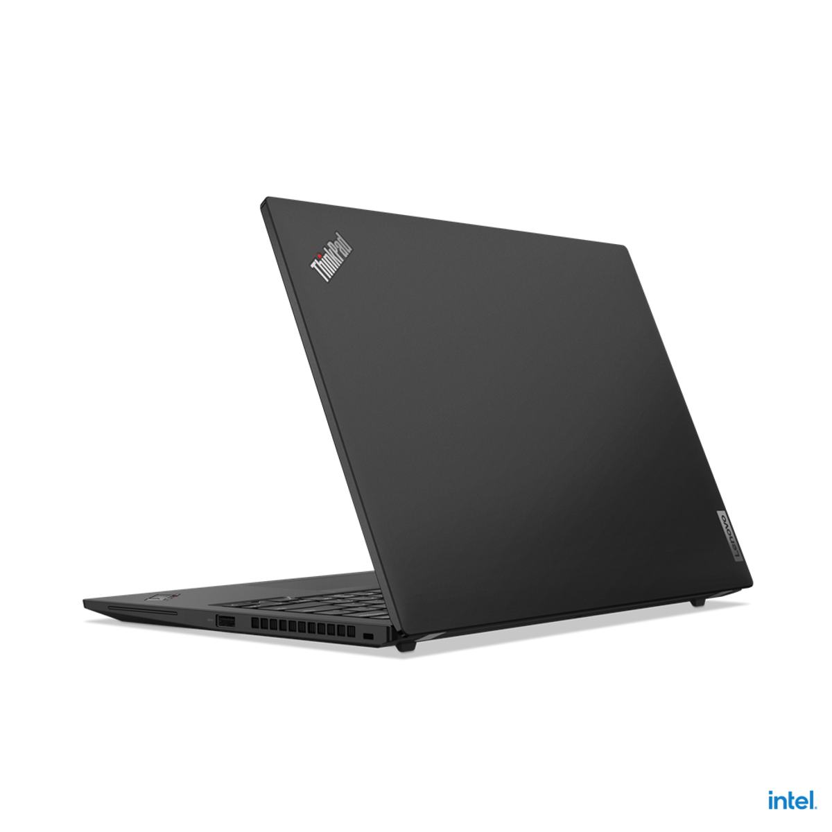 Rückansicht eines schwarzen Laptops. ThinkPad-Logo auf dem Deckel, Intel-Logo unten.