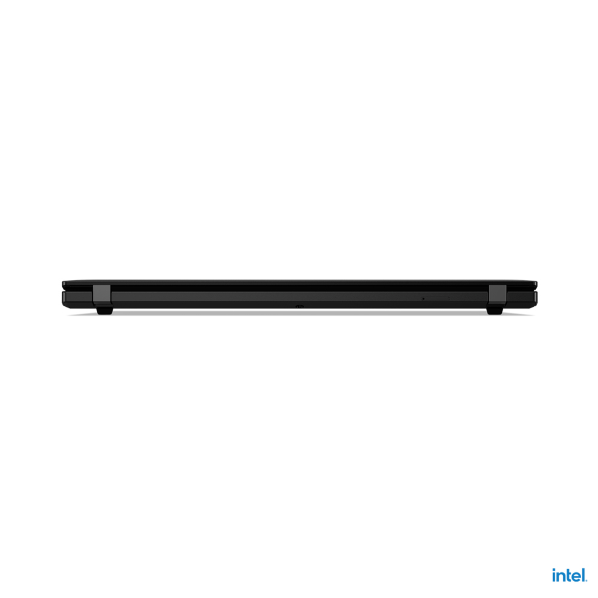 Unteransicht eines schwarzen Laptops, zeigt die Basis. Intel-Logo sichtbar.