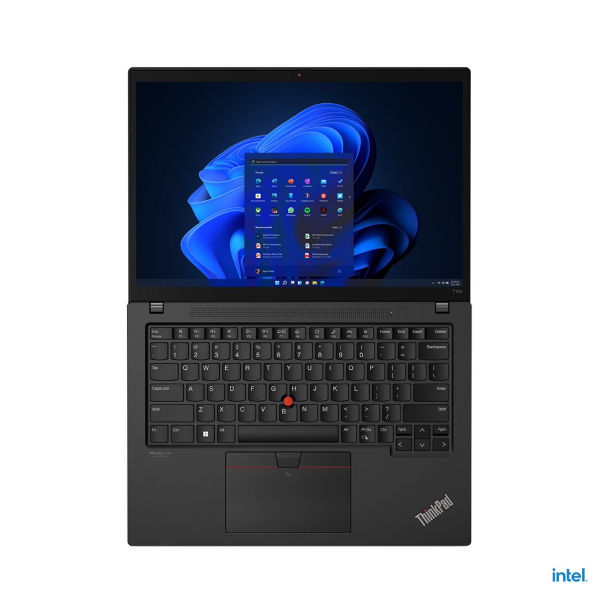 Draufsicht auf einen schwarzen Laptop, geöffnet, mit nach oben gerichtetem Bildschirm.