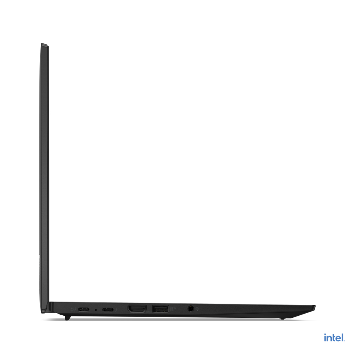 Seitenansicht eines schwarzen, geöffneten Laptops. Zeigt Profil und Anschlüsse. Intel-Logo.