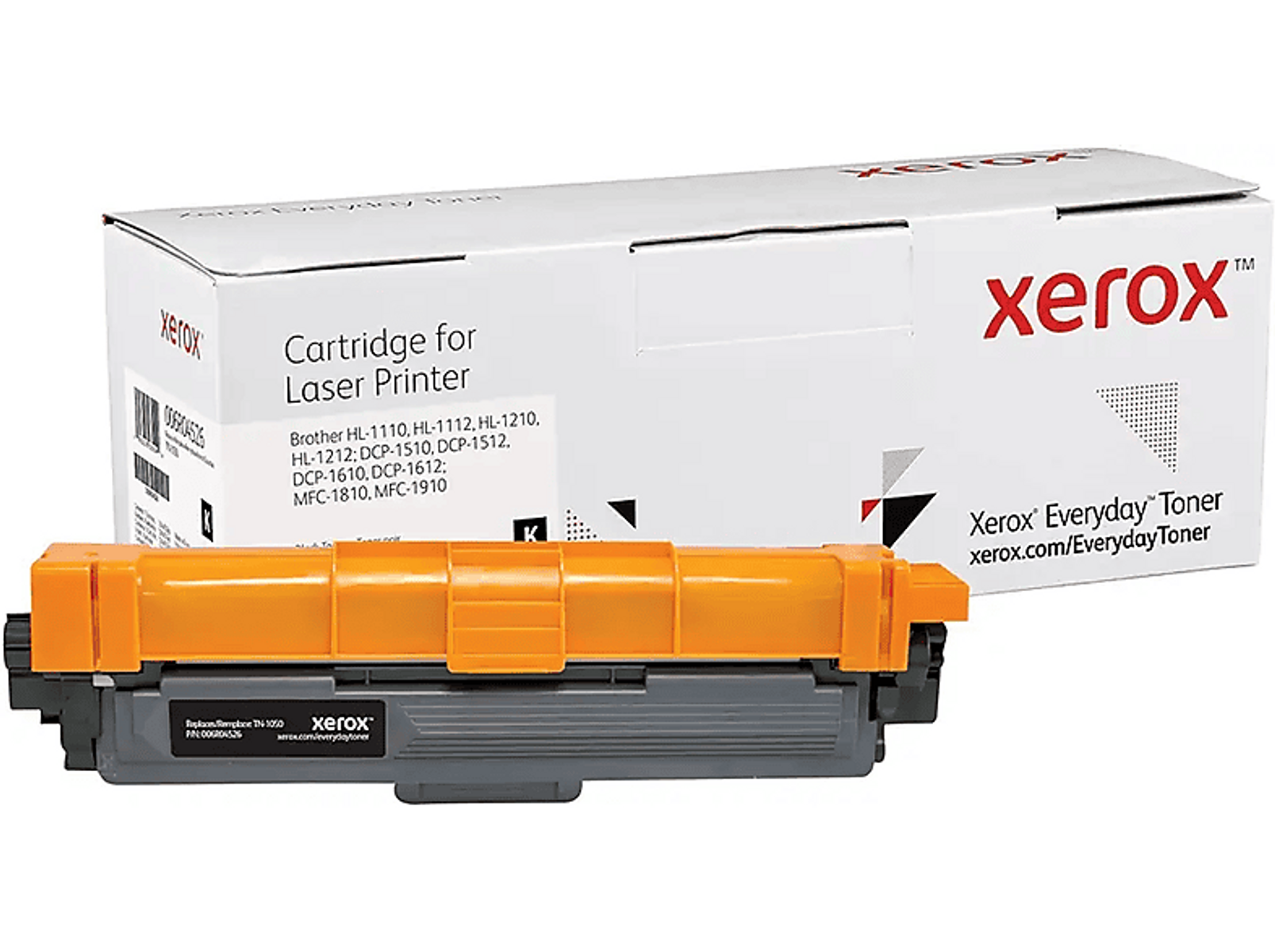 Pudełko tonera Xerox. Jest biało-pomarańczowe, z wkładem tonera w środku.