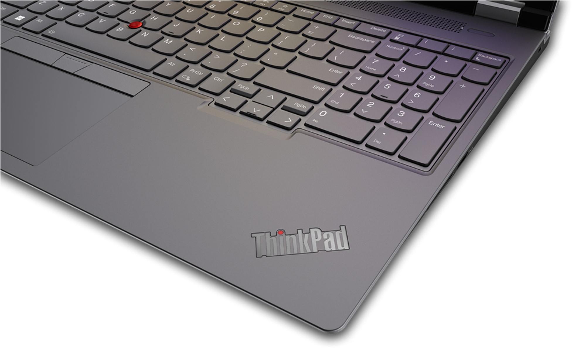 Nahaufnahme einer Laptop-Tastatur mit ThinkPad-Logo.