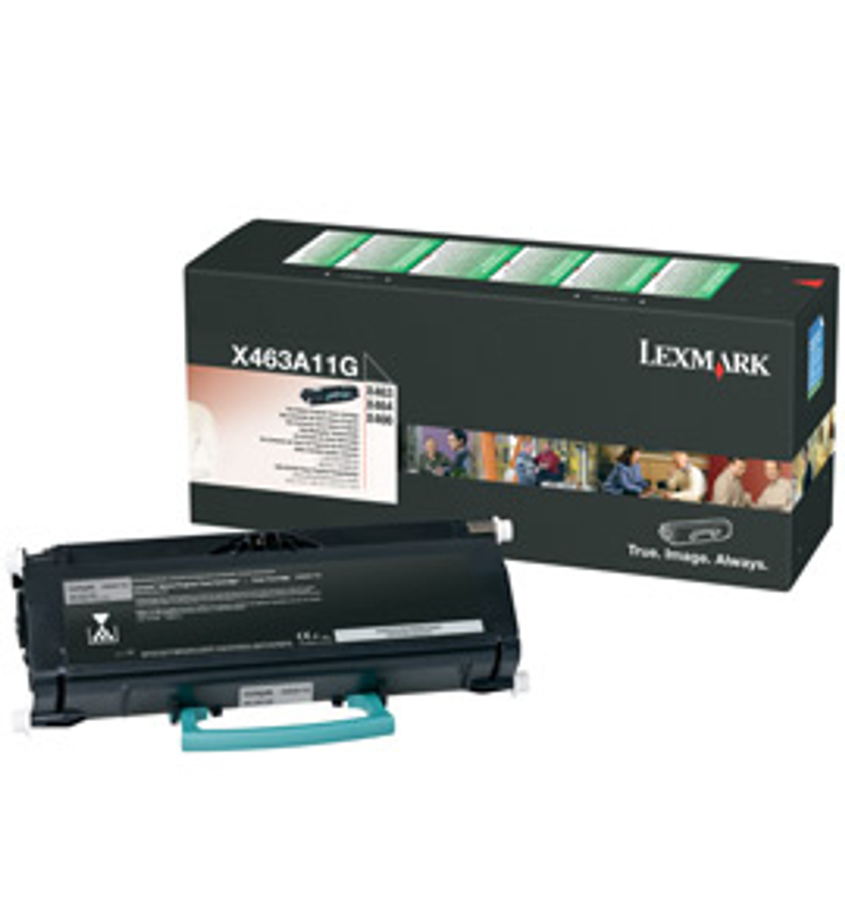 Een Lexmark tonercartridge en doos. De doos heeft afbeeldingen van mensen en de tekst 'True, Image, Always'.