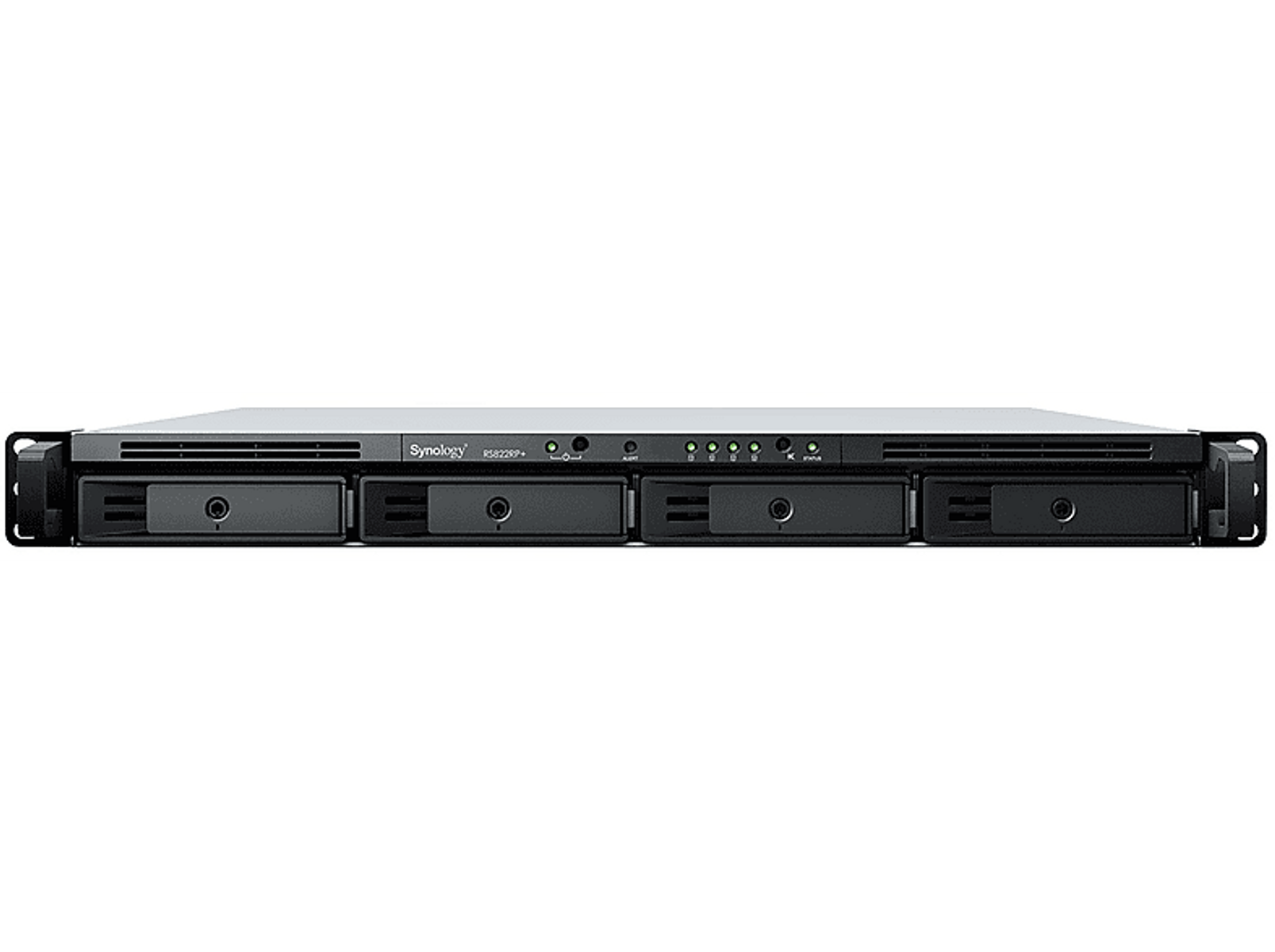 Rackmount Synology NAS-Server, schwarz und silber. Es hat mehrere Laufwerksschächte und Statusleuchten.