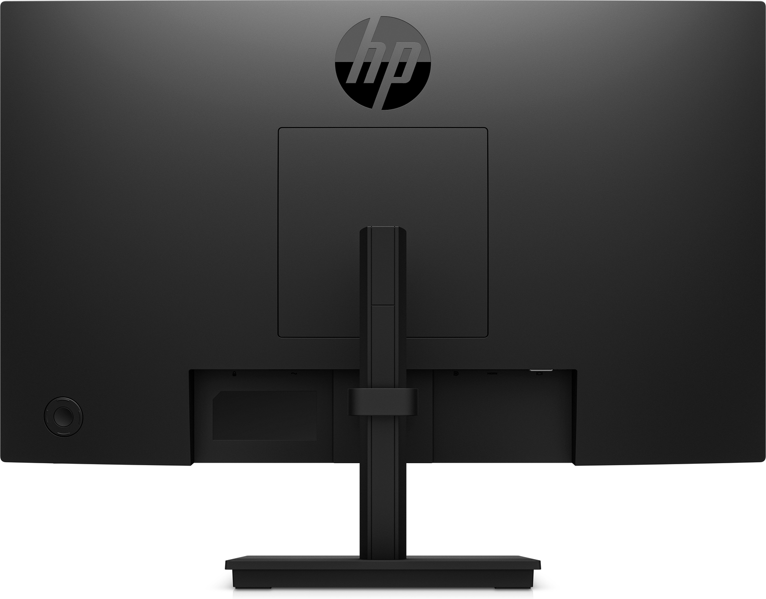 Rückansicht eines schwarzen Computermonitors. Er hat einen Ständer und das HP-Logo.