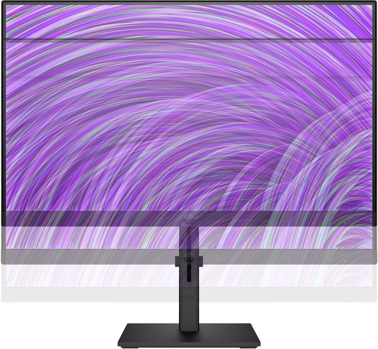 Un monitor curvo per computer con uno sfondo a spirale viola e un supporto nero.