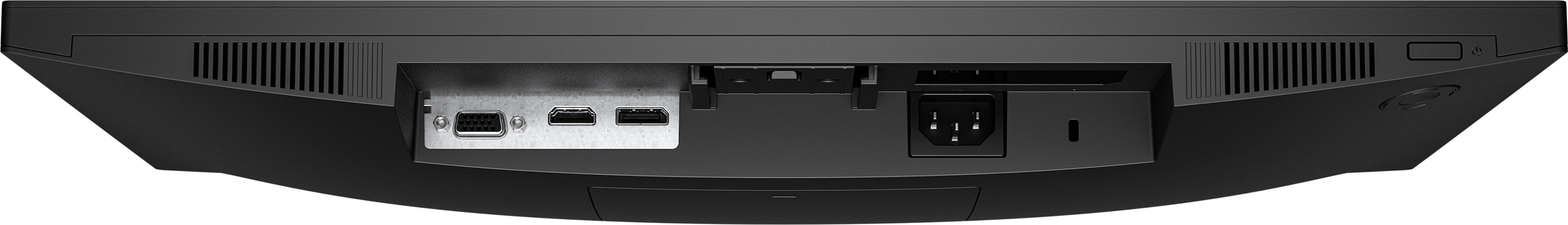 Parte trasera de un monitor de computadora negro con varios puertos y ventilaciones.