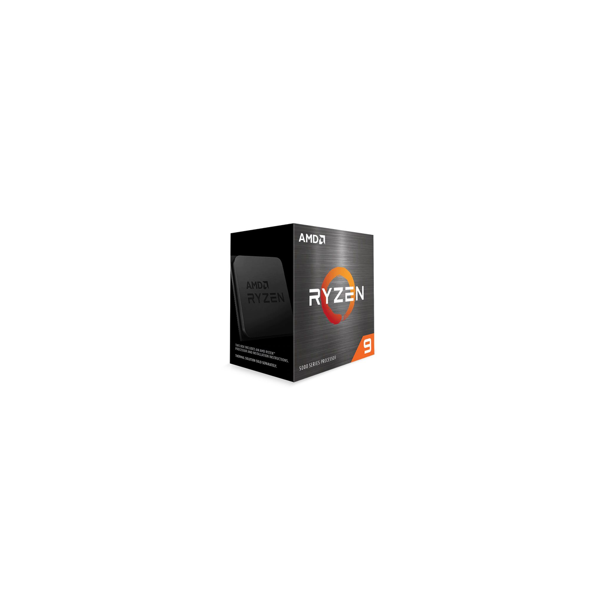 Caja de CPU AMD Ryzen 9. Caja negra con etiqueta Ryzen 9 y logo AMD sobre fondo blanco.