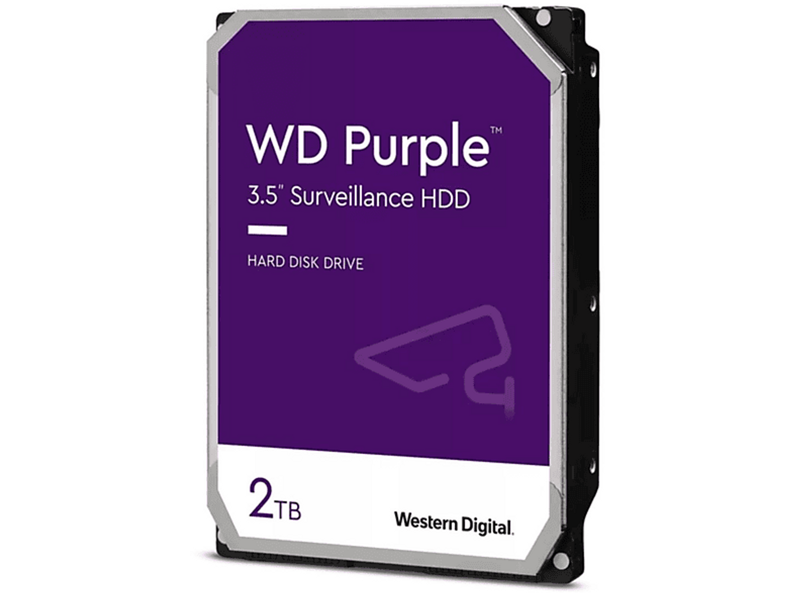 Dysk twardy WD Purple 2TB 3,5" do monitoringu, fioletowo-czarny design, na białym tle.